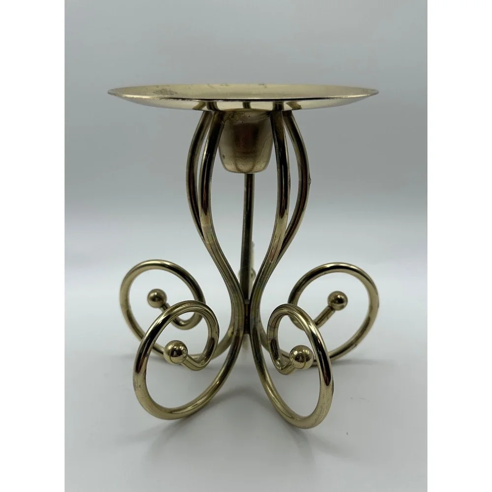 Vintage Brass Scroll Pillar Candle Holder Gold Mid Century Modern Taper‎ Stand